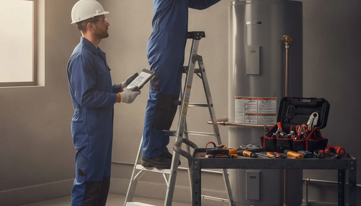 Chicago plumbers repairing a water heater for a Chicago, IL home during winter service call